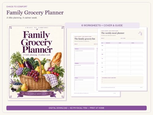 Family Grocery Planner PDF bundle with illustrated purple cover, family grocery list and weekly meal planner.