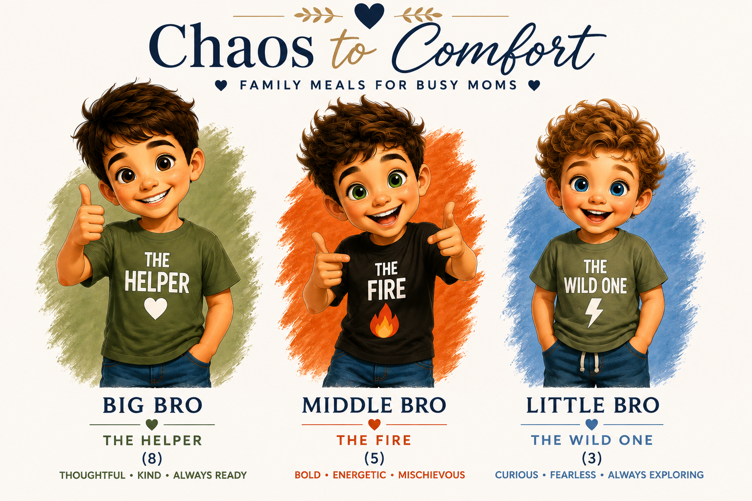 Original artwork of Big Bro, Middle Bro, and Little Bro