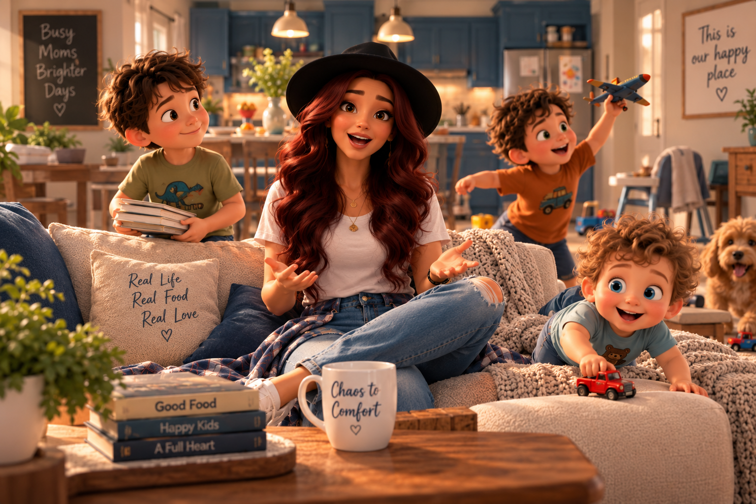 Original illustration of Tania and her three boys at home